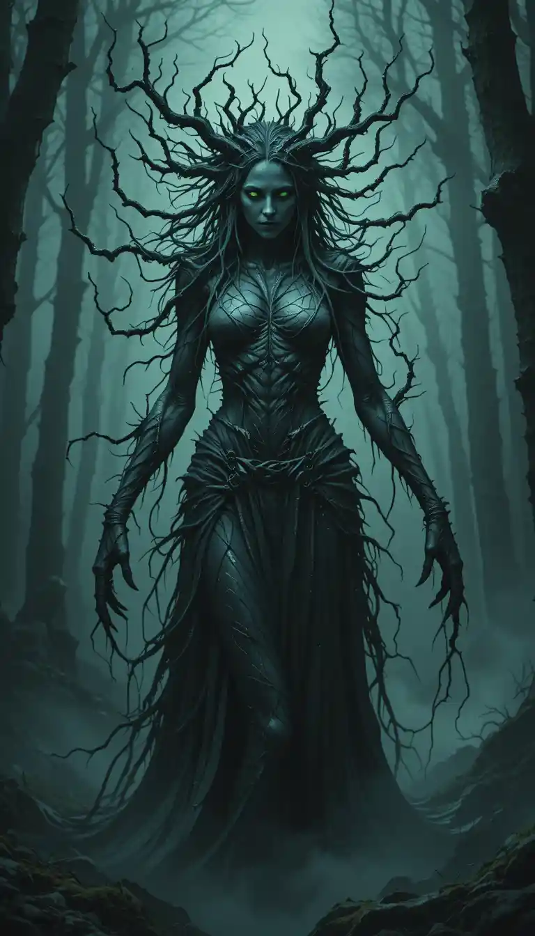 Druida corrotta che emerge da una foresta oscura e nebbiosa