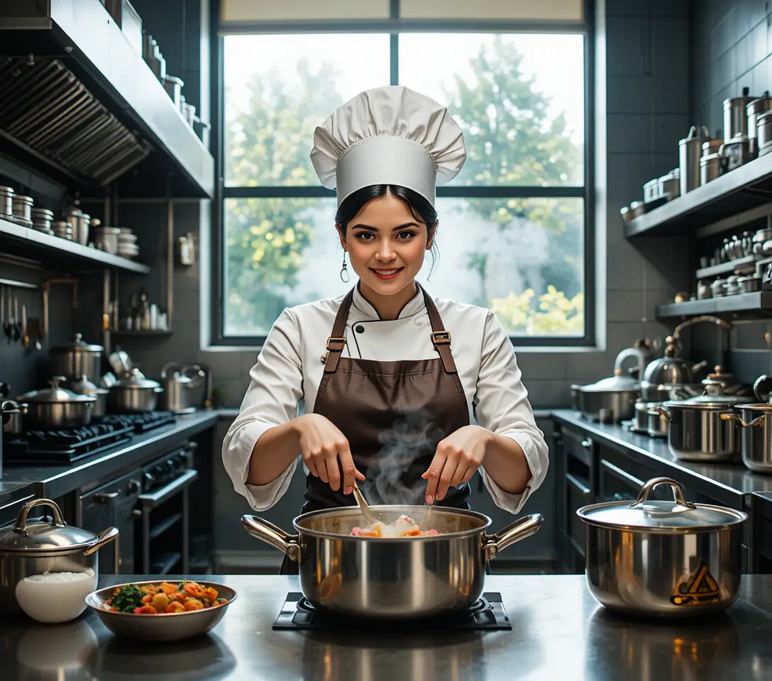 Köchin, die sich in einer hellen Profiküche aufs Kochen konzentriert