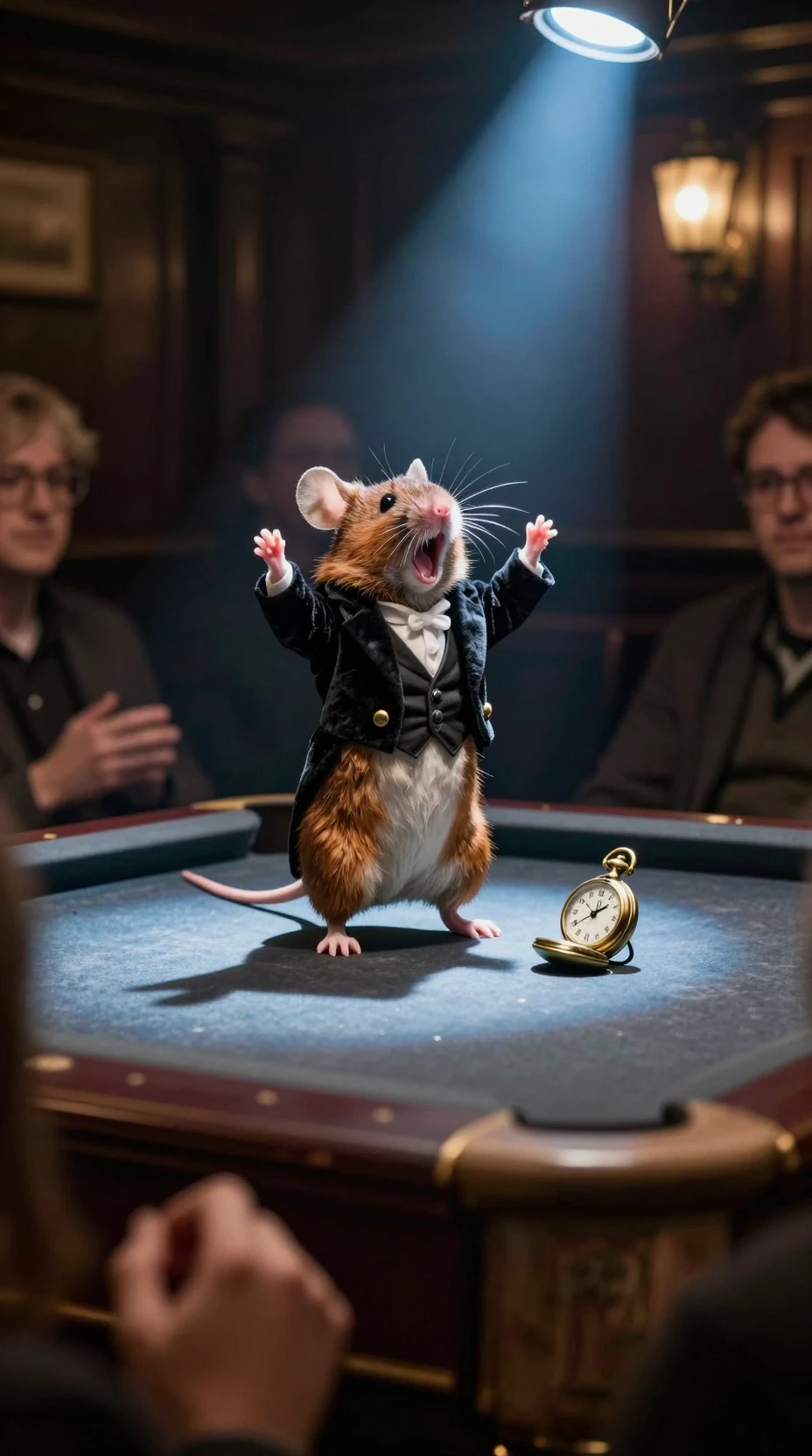 Rato artista sobre uma mesa de sinuca em um velho pub sombrio