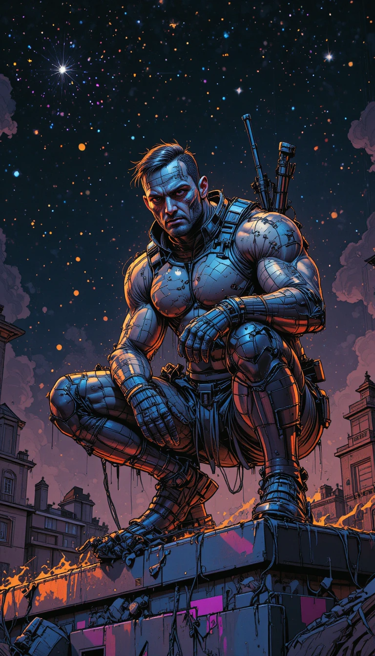Cyberpunk warrior crouching on a rooftop under starry night