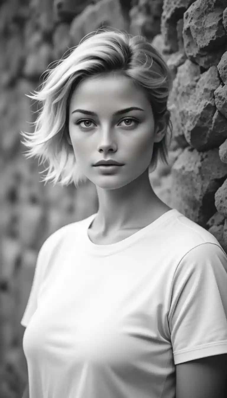 Ruhiges Schwarz‑Weiß‑Porträt einer jungen blonden Frau