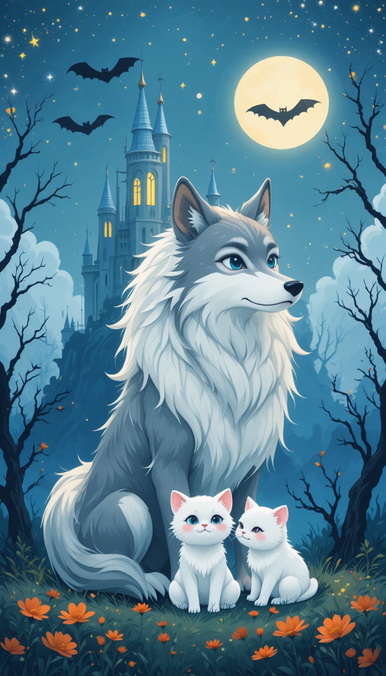 Adorable loup et chaton cartoon sous un ciel nocturne magique