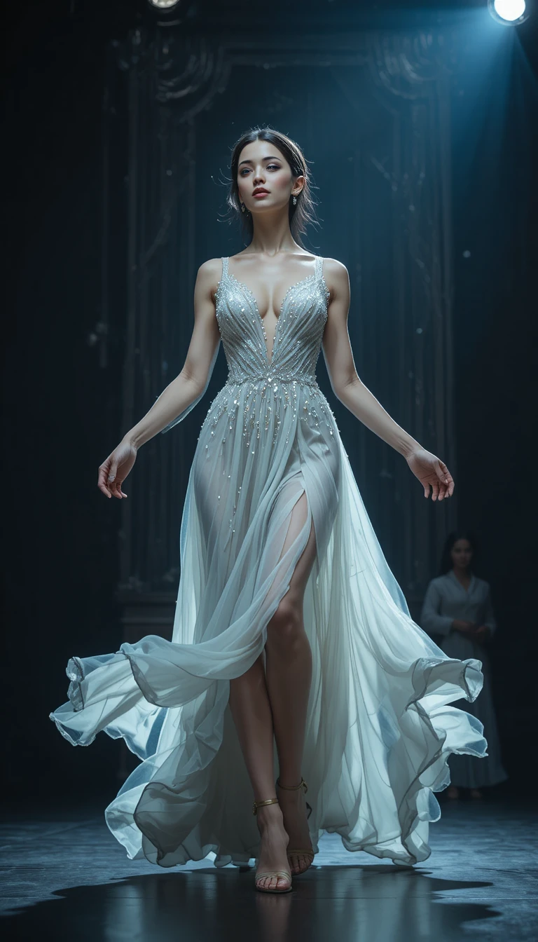 Elegante Frau im fließenden Paillettenkleid auf der Bühne