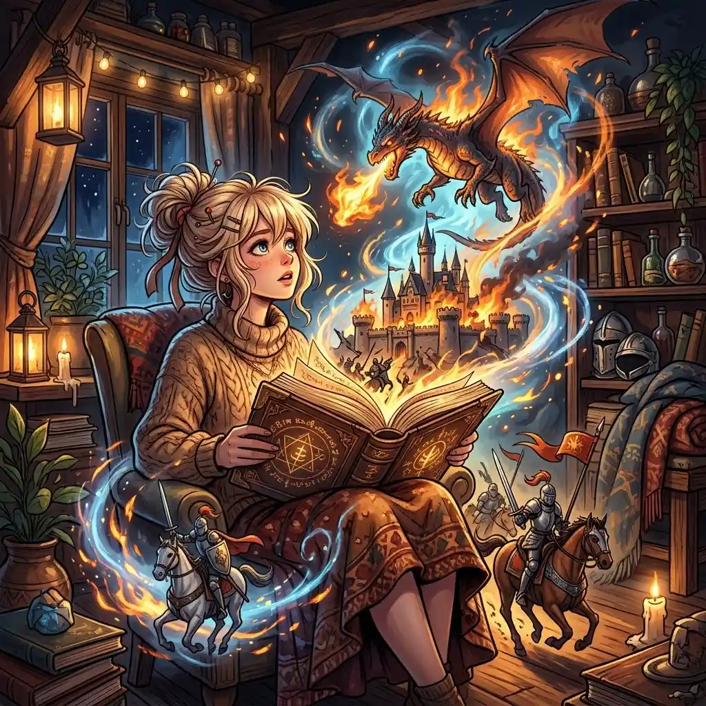 Niña leyendo un libro mágico en un dormitorio de fantasía tenue