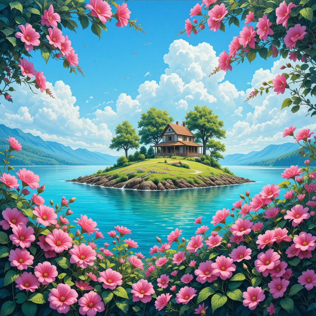 Casa de verão na ilha cercada por flores de gerânio rosa
