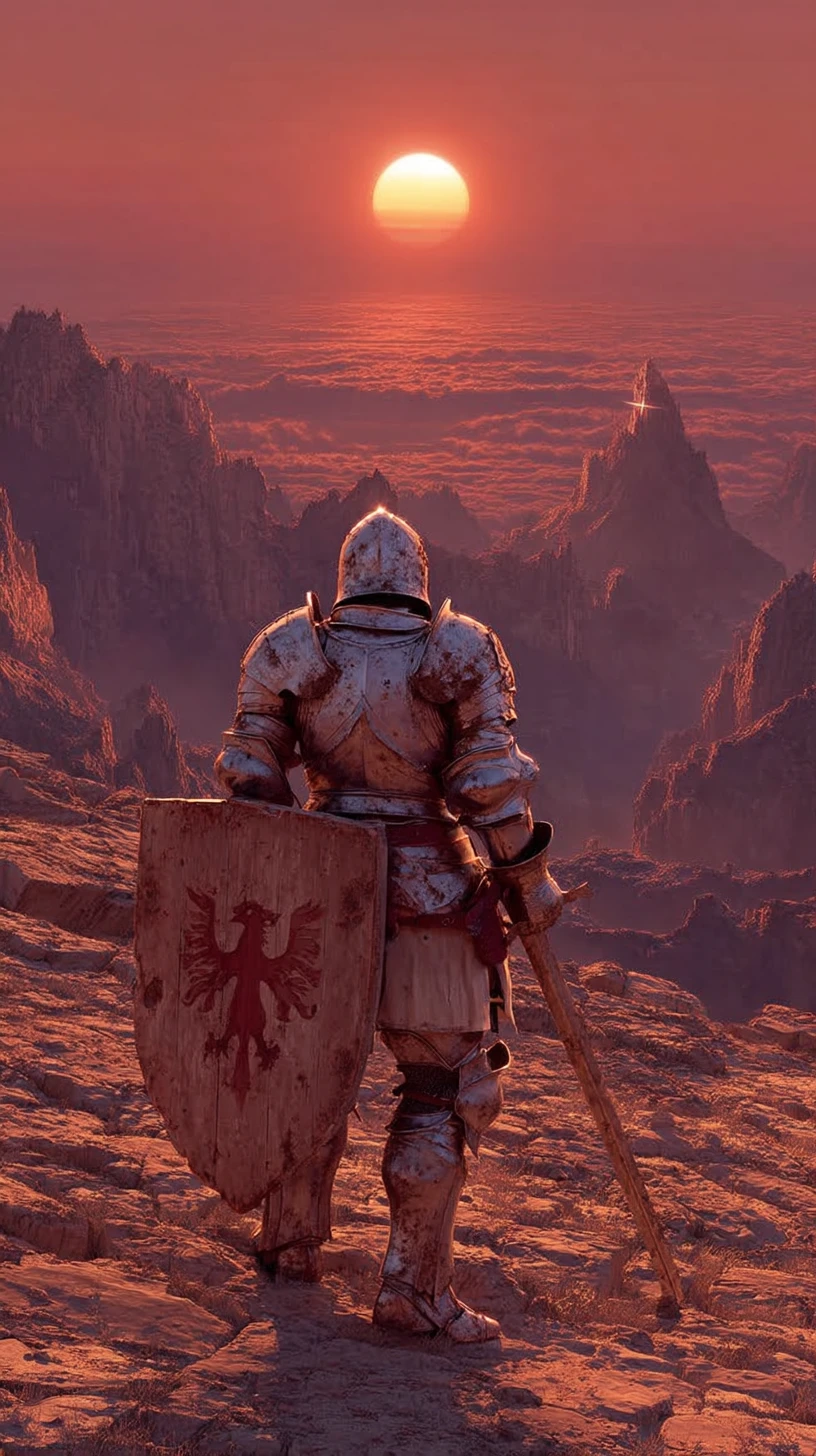 Gepanzerter Ritter vor einem nebligen Schlachtfeld im Sonnenaufgang