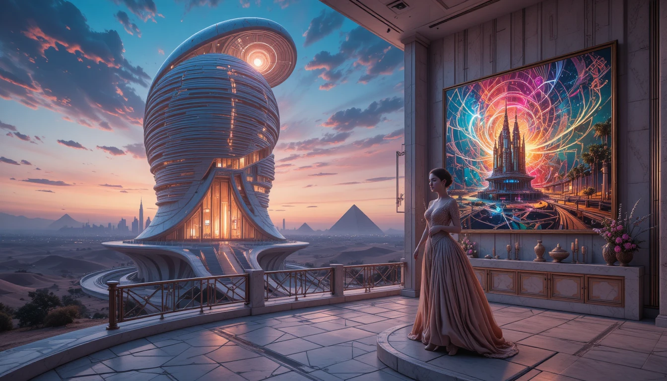 Futuristisches Spiral-Muschelgebäude unter einem surrealen Zwielichthimmel