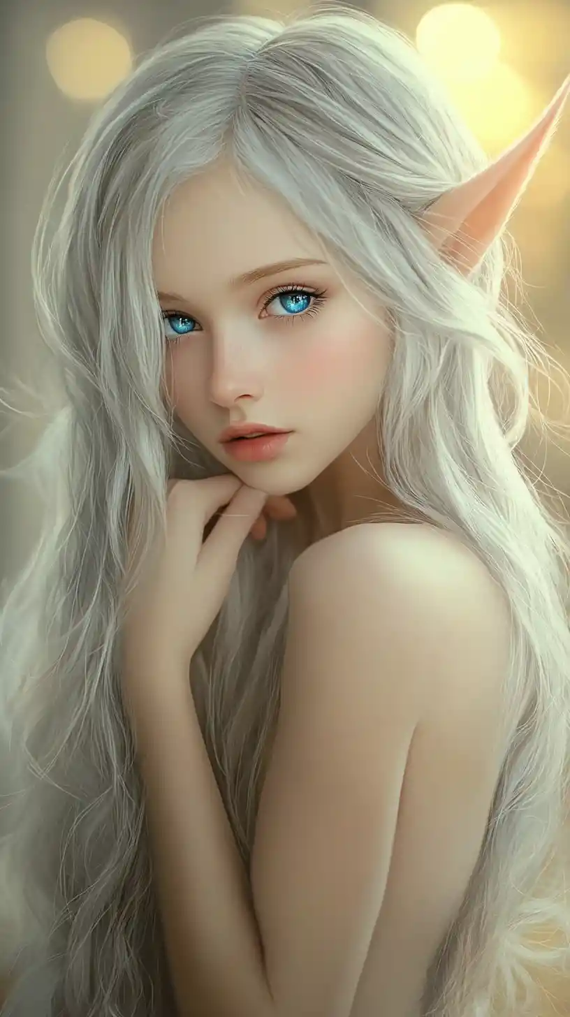 Melancholic elf girl portrait in soft golden backlight