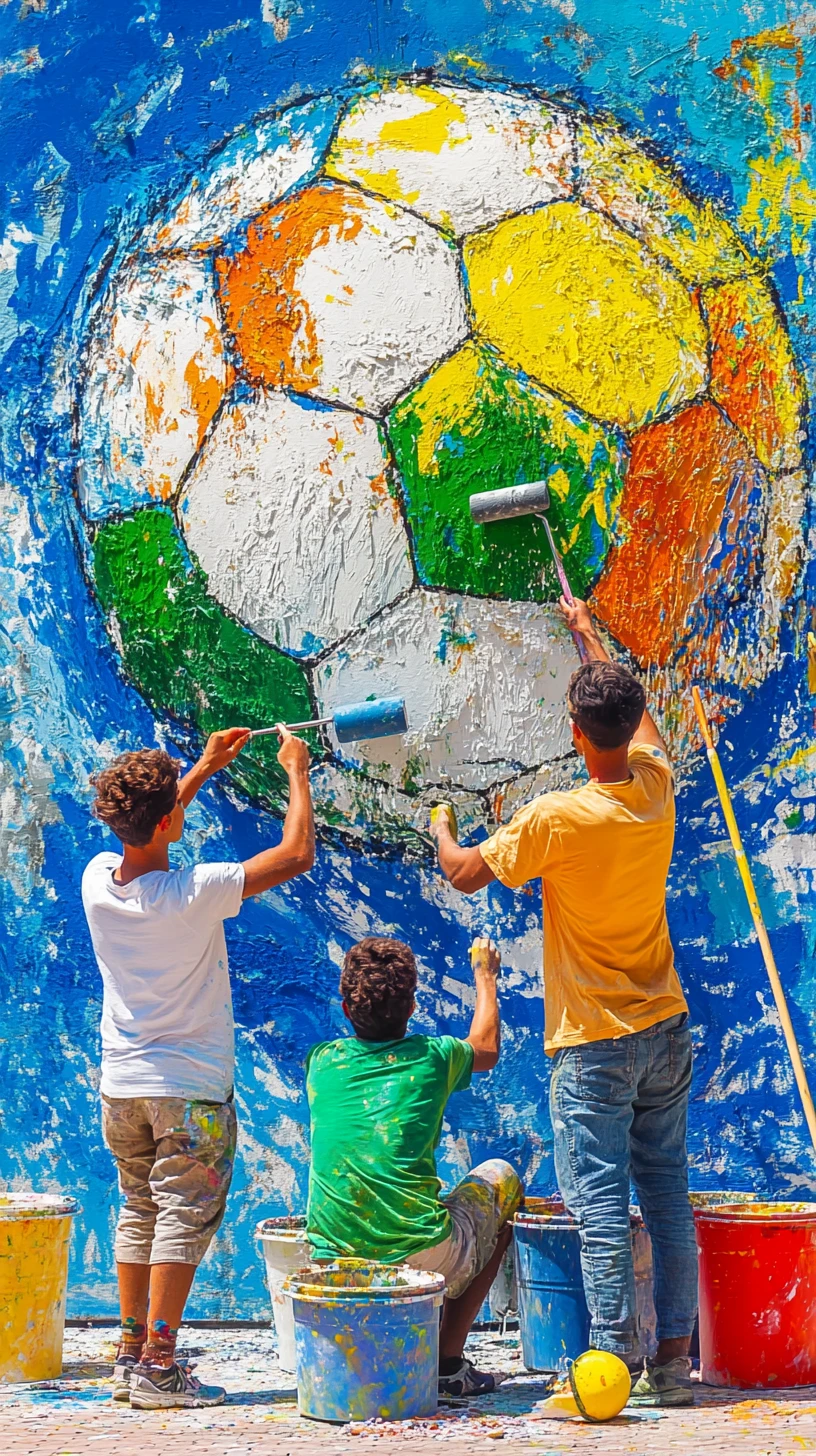 Young friends painting a colorful soccer mural together