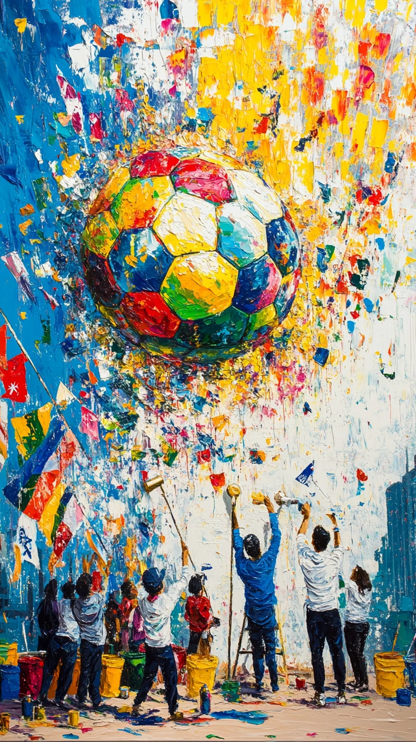 Artists Painting A Giant Soccer Mural On City Wall