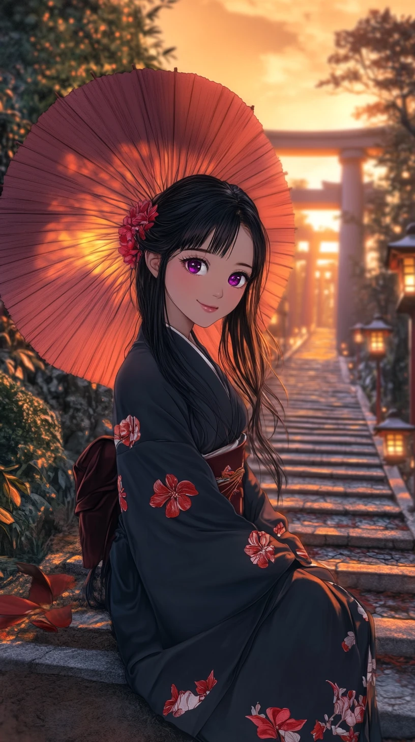 Fille d’anime en kimono noir sur les marches d’un temple en pierre