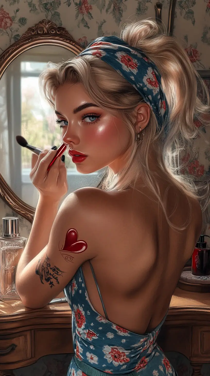 Femme blonde appliquant du rouge à lèvres devant une coiffeuse vintage