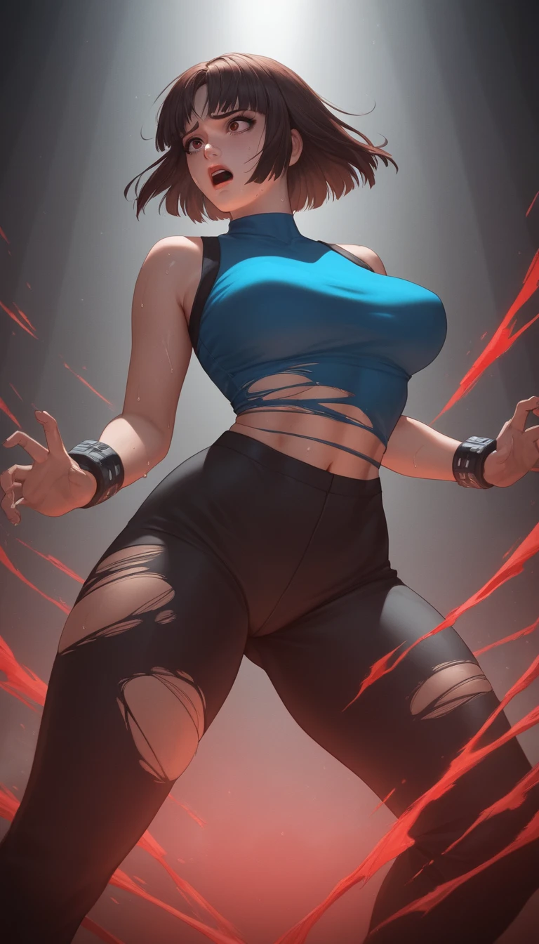 Anime warrior princess collapsed on a dim stage