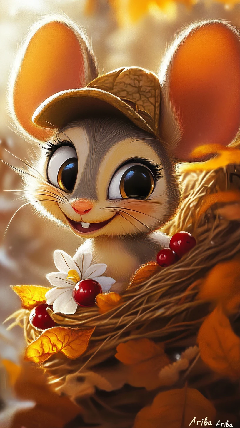 Rato de desenho animado sorridente em cena de inverno segurando um cacto