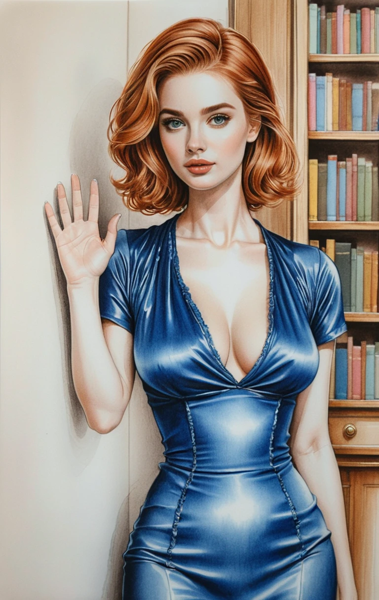 Portrait aux crayons de couleur d’une femme élégante en robe bleue