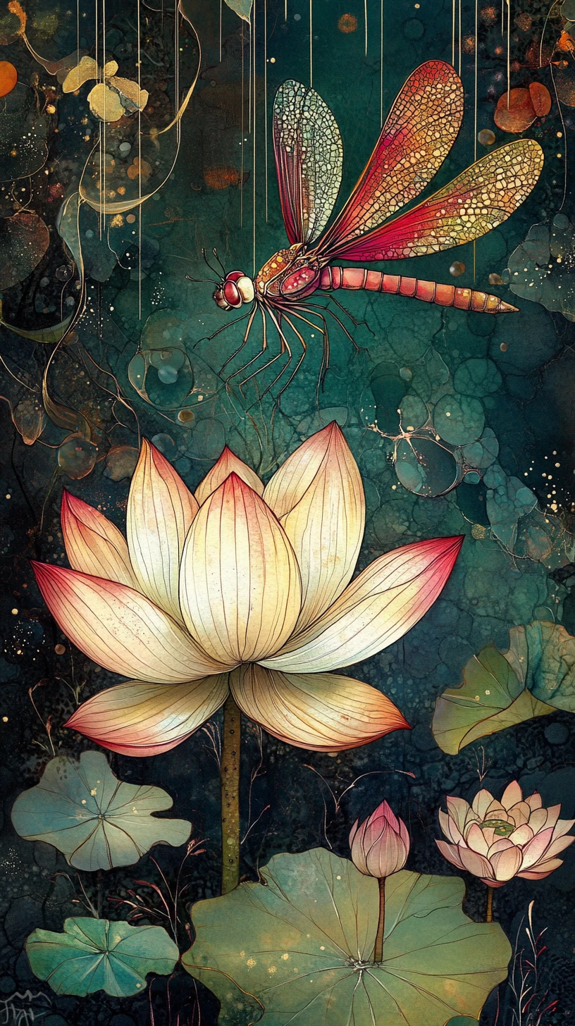 Collage coloré d’étang de lotus avec une délicate libellule