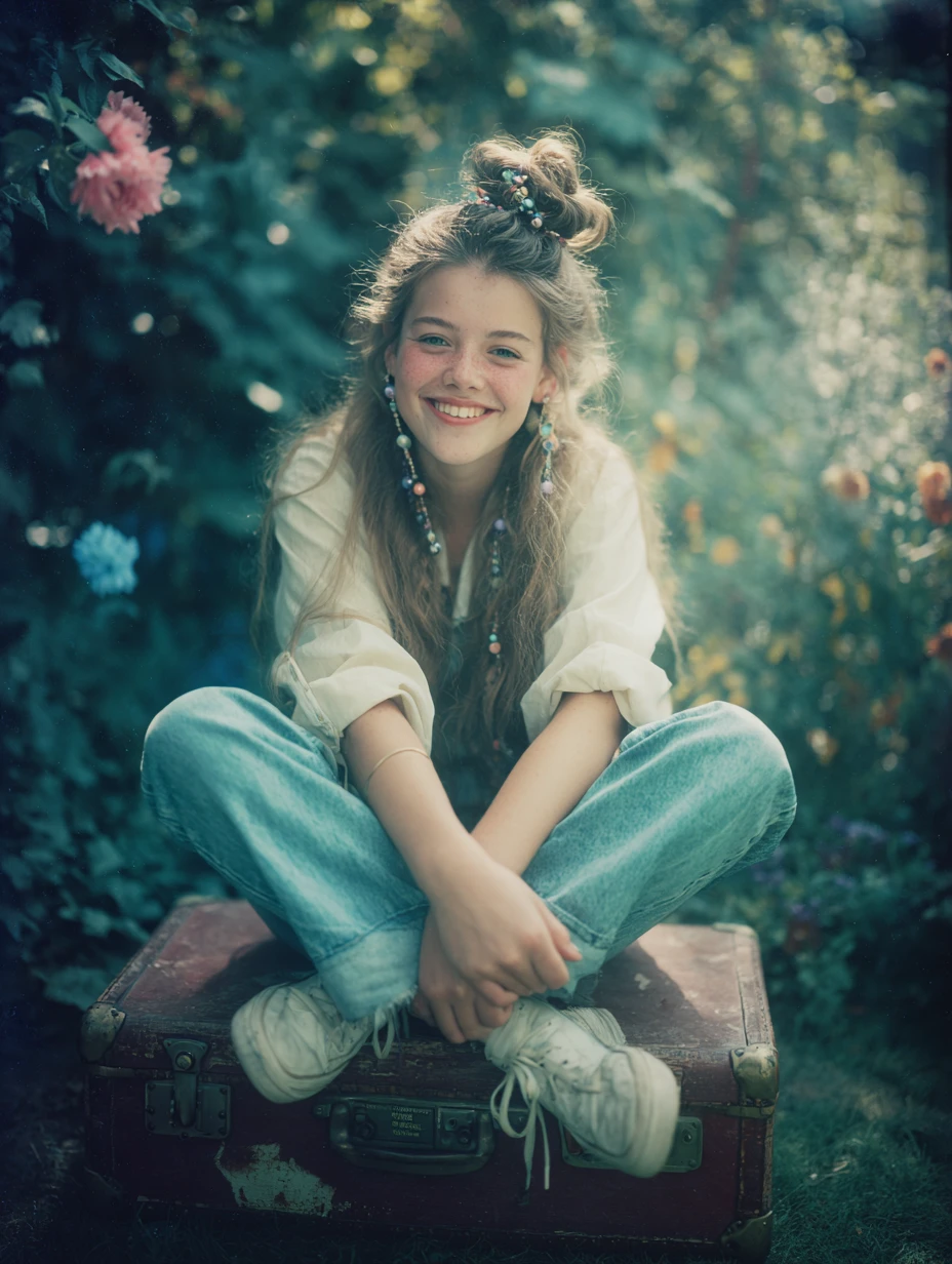 Retrato de adolescente sentada em mala vintage no jardim