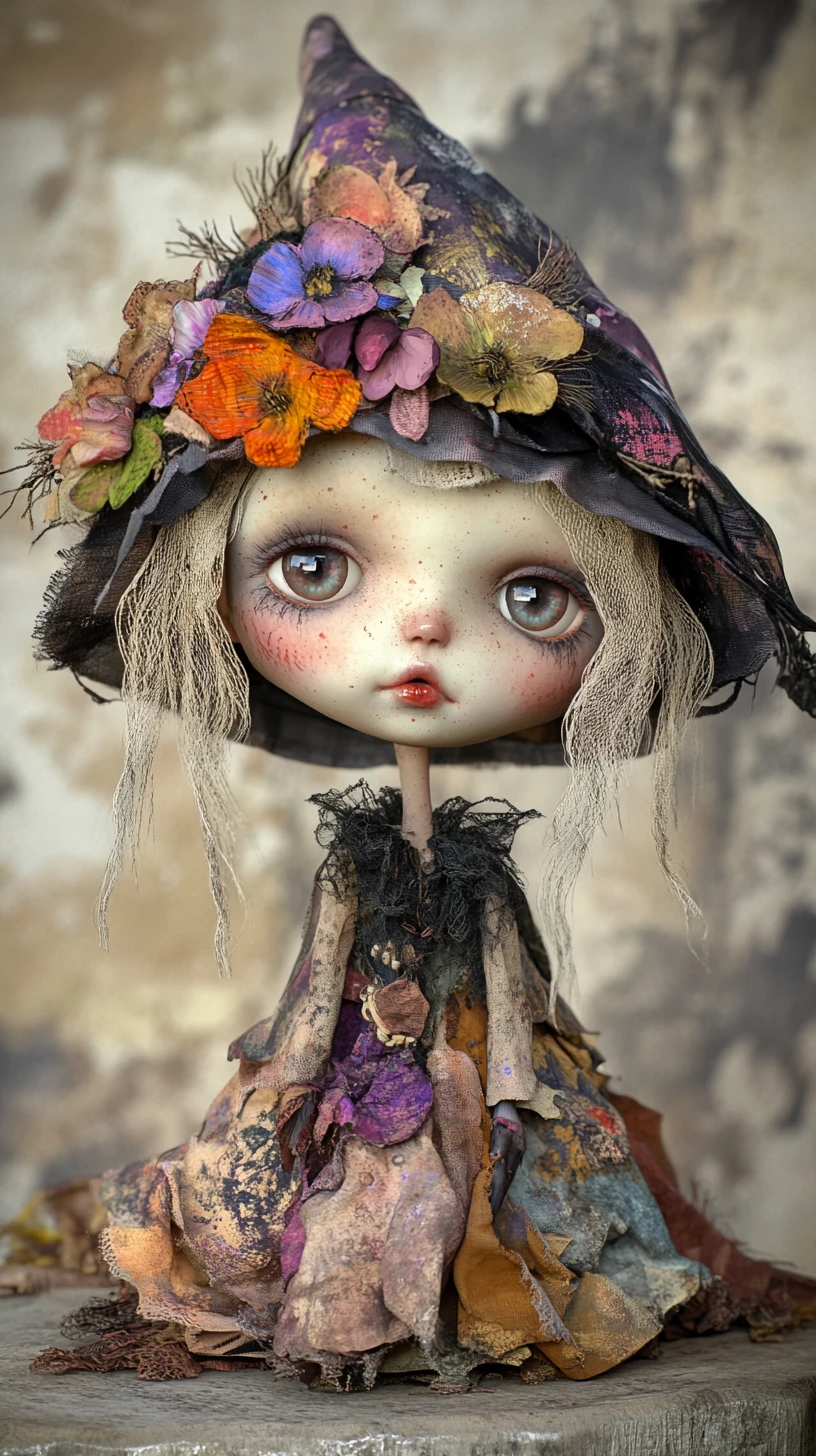 Bambola fata gotica fantasiosa con cappello floreale oversize