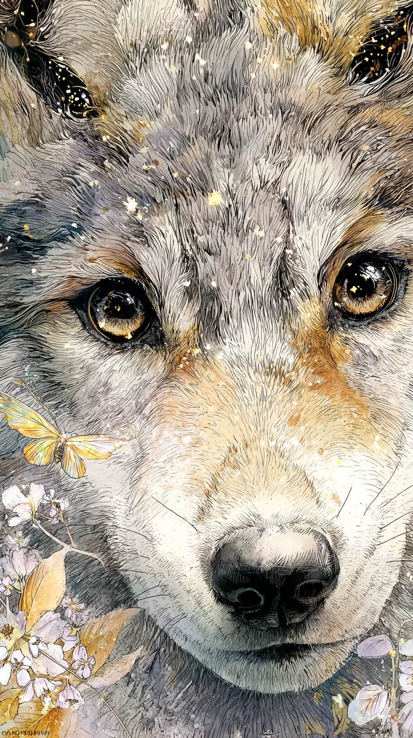 Espírito de lobo filhote em close com olhos luminosos de floresta na primavera