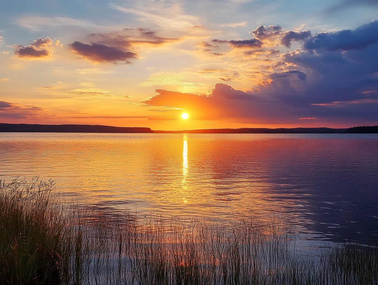 Pôr do sol tranquilo brilhando sobre um lago de montanha calmo
