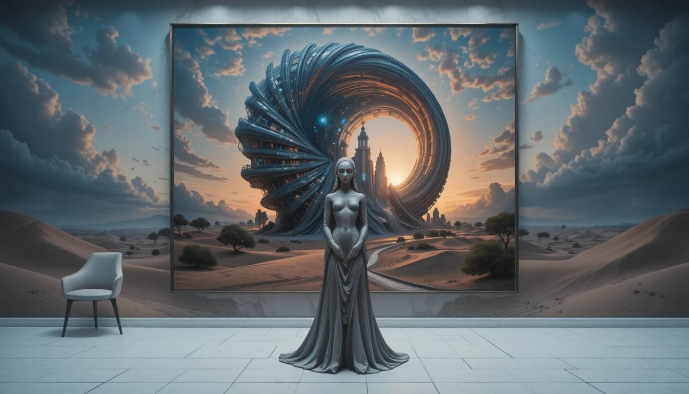 Futuristisches Spiralgebäude über Wüstendünen bei Sonnenuntergang