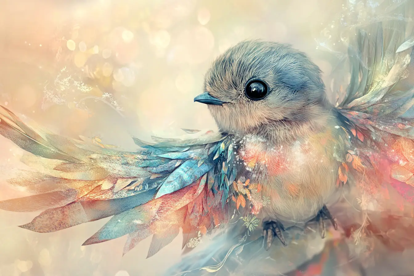 Playful collage baby bird illustration for nursery decor