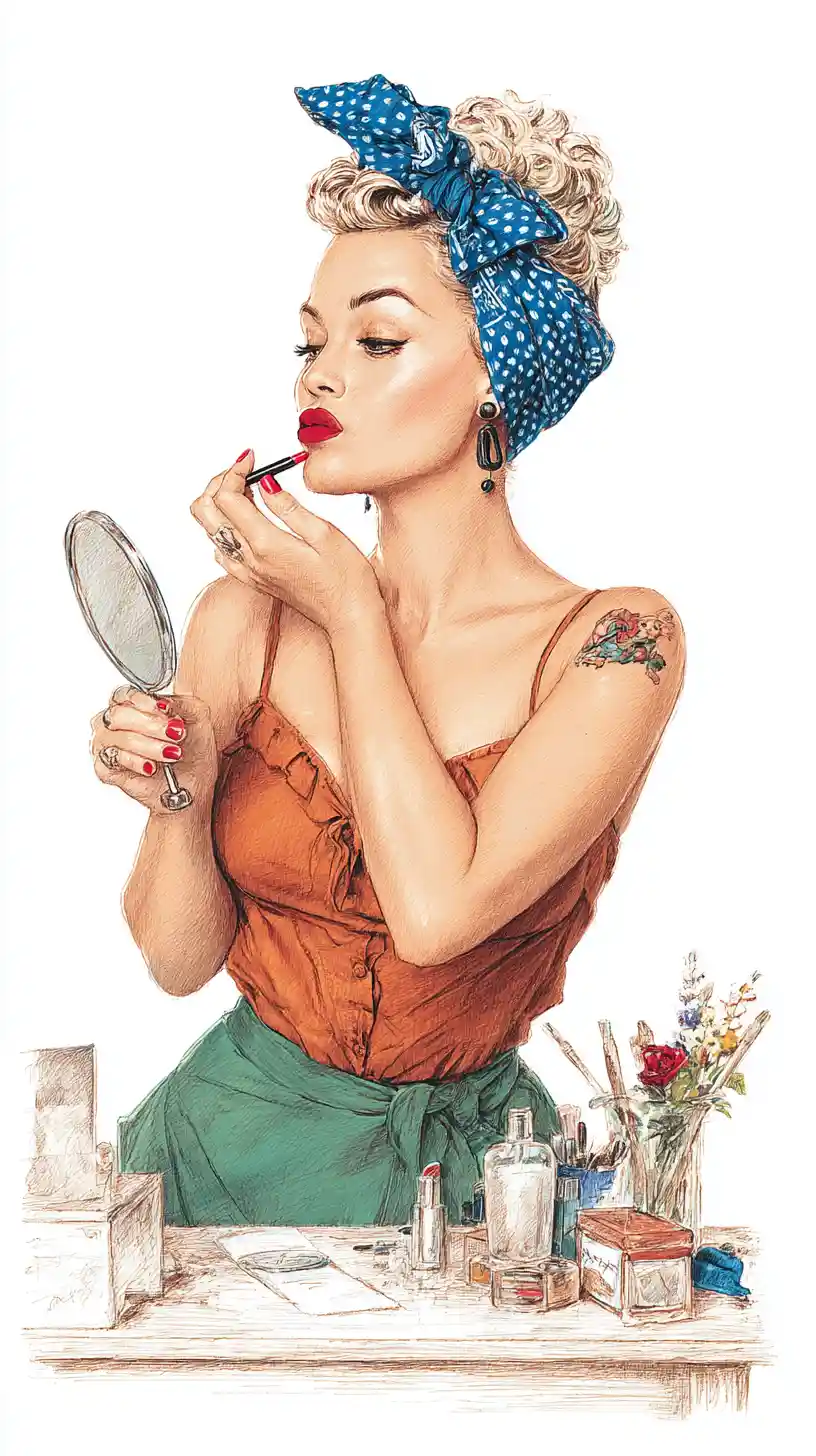 Blonde pin up woman applying red lipstick at vanity