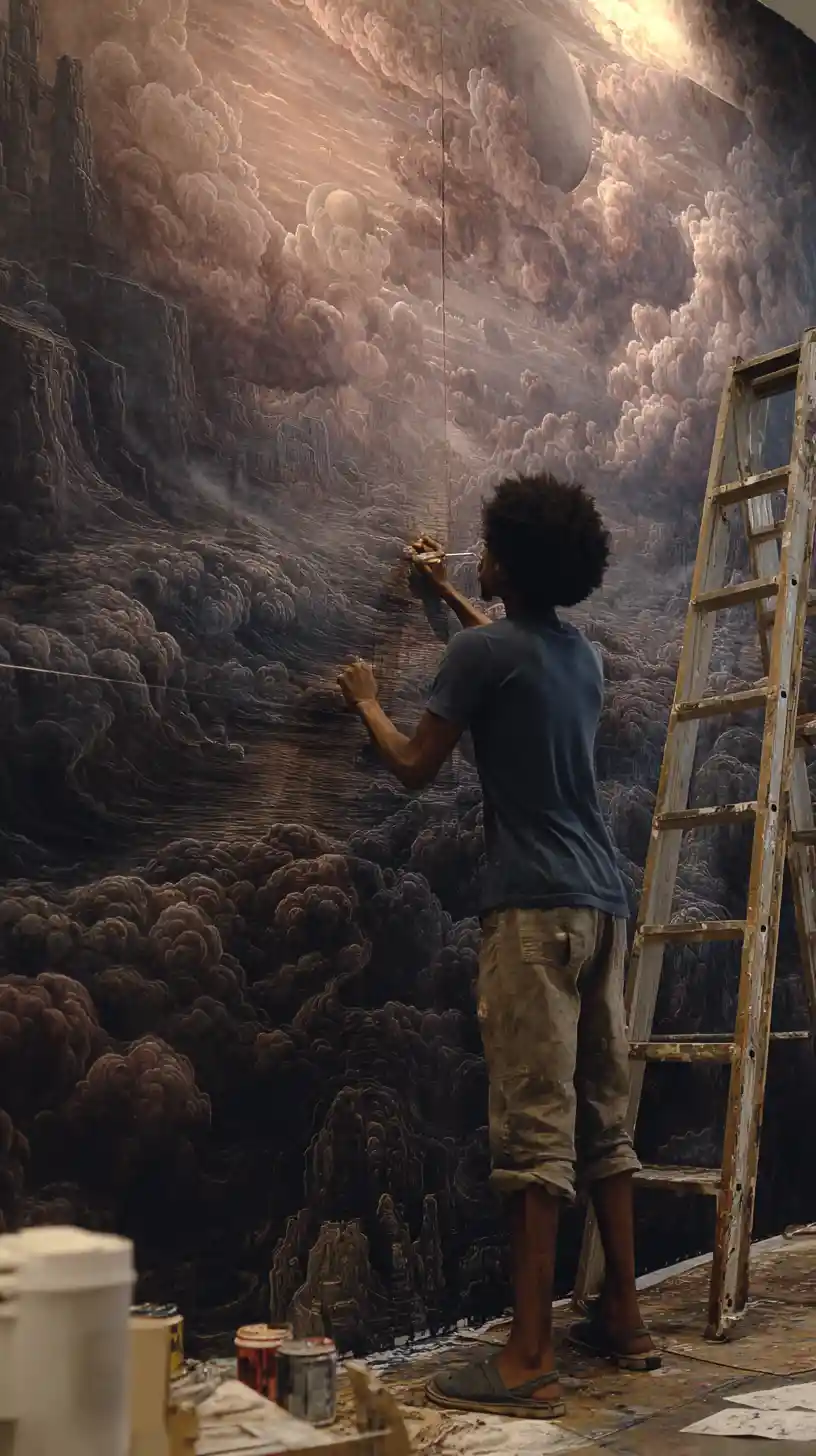 Man painting a vast surreal mural of cosmic space