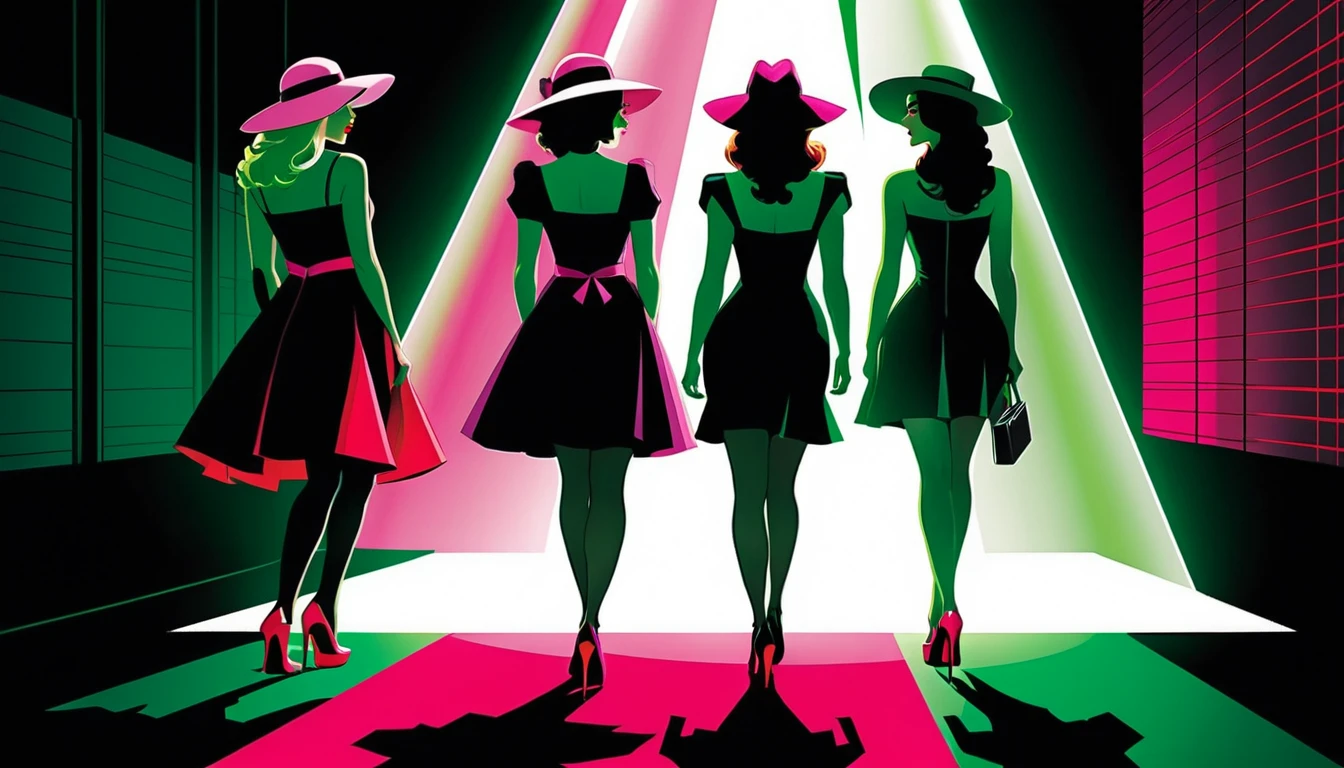 Tre donne eleganti in una scena d'interni cupa in stile fumetto