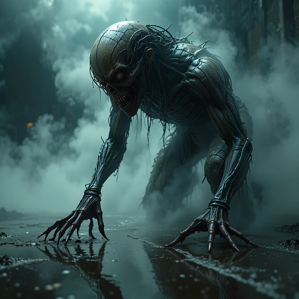 Monstro Aterrorizante Emergindo em Composição de Horror Cinematográfica