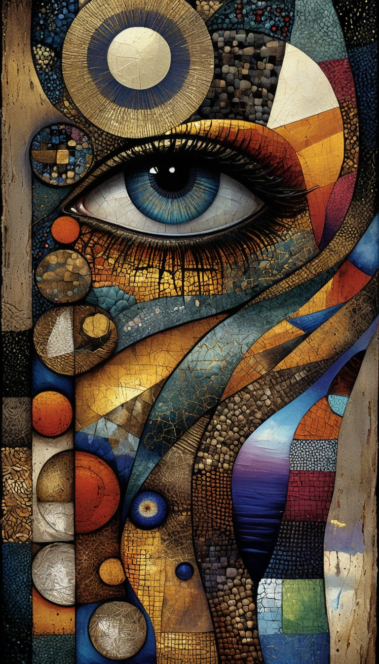 Pintura abstracta surrealista con un ojo detallado en el centro