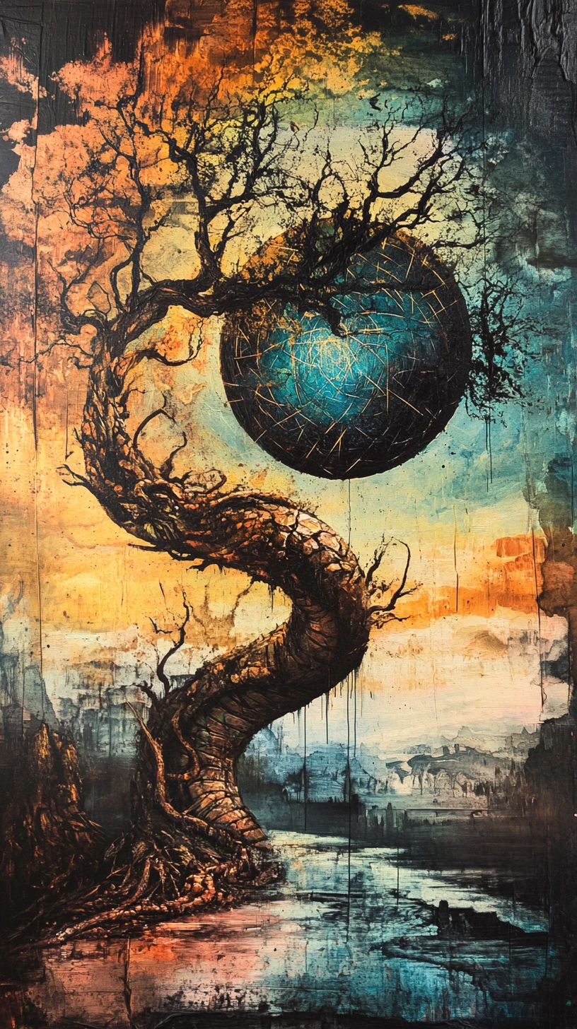 Árvore espinhosa surreal erguendo-se sobre uma paisagem antiga e mística