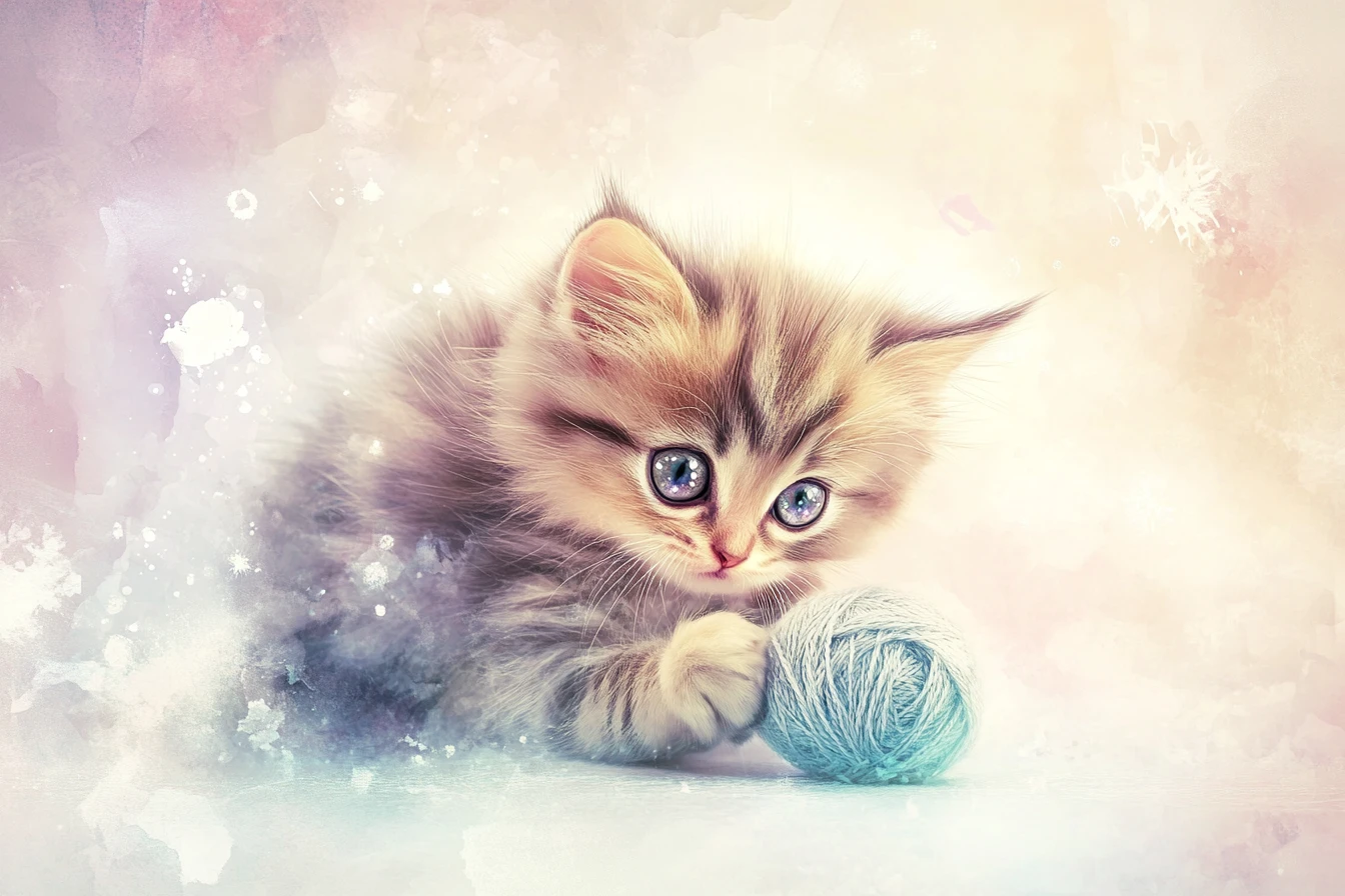 Gatinho fofinho brincando com novelo de lã em suaves aquarelas pastéis