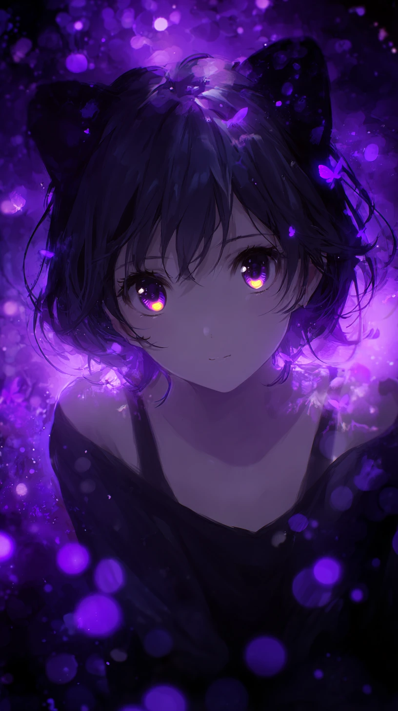 Anime cat girl portrait with glowing purple eyes