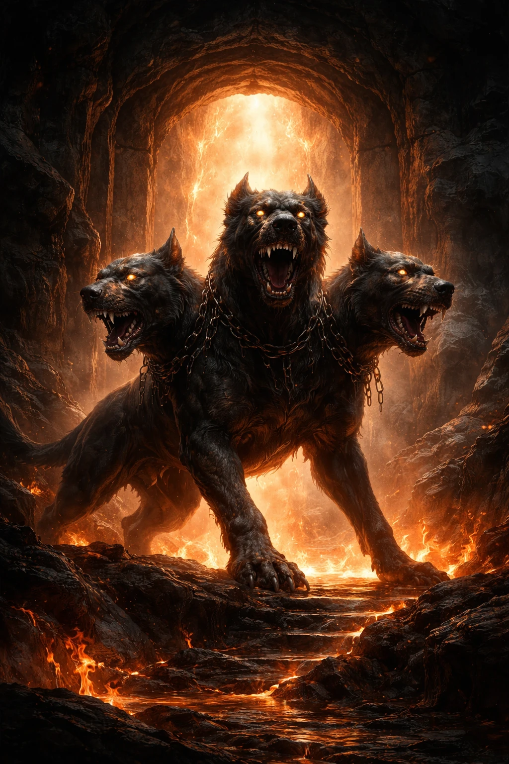 Chiaroscuro Cerberus Guarding A Fiery Underworld Gate