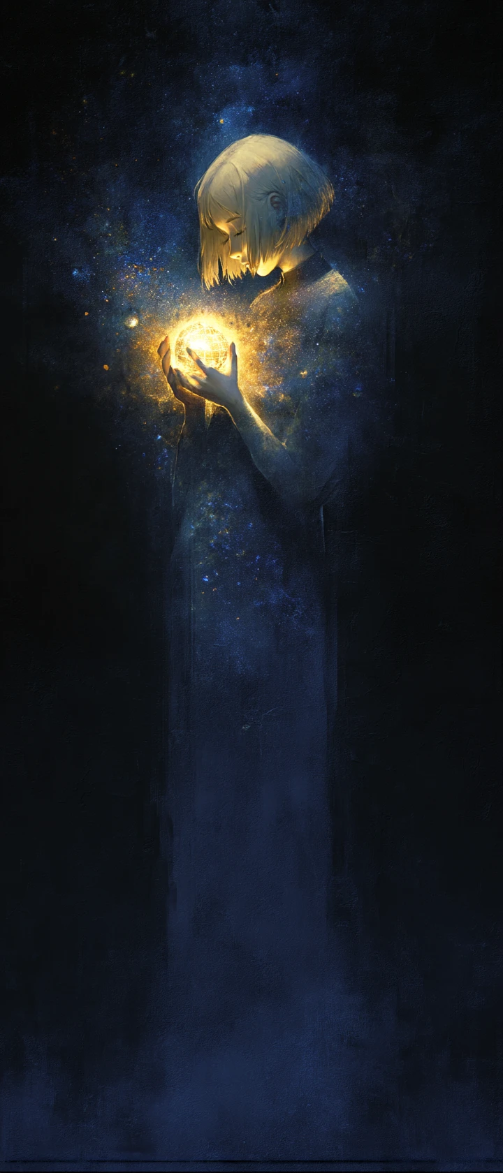 Figura anime che culla un mondo morente e luminoso nello spazio