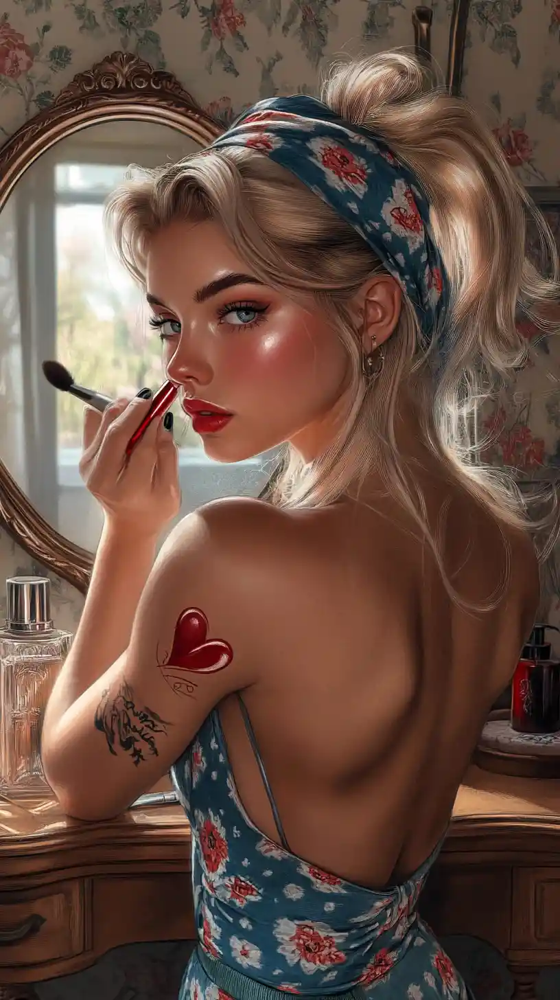 Blonde woman applying lipstick at vintage dressing table