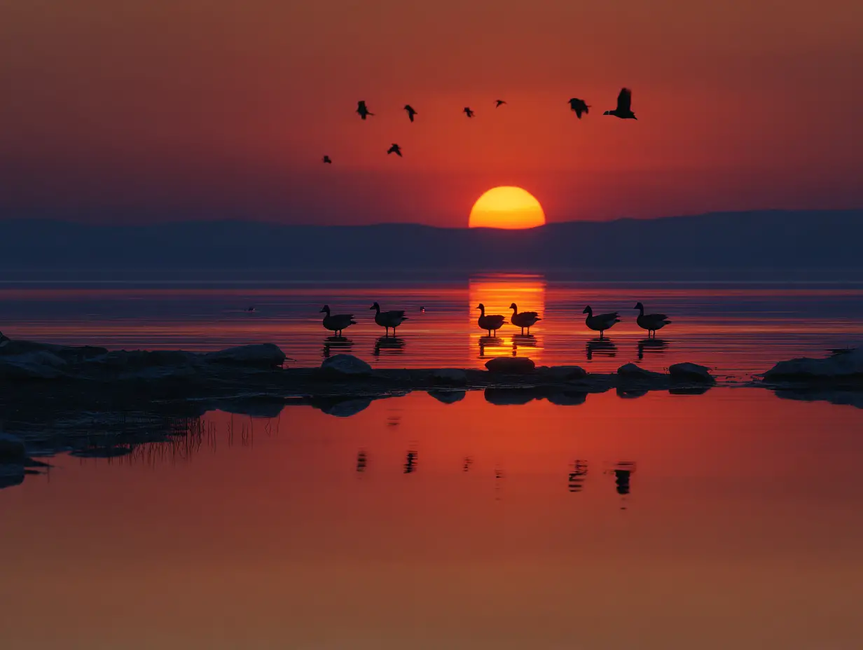 Peaceful sunset over a tranquil lake with ducks swimming