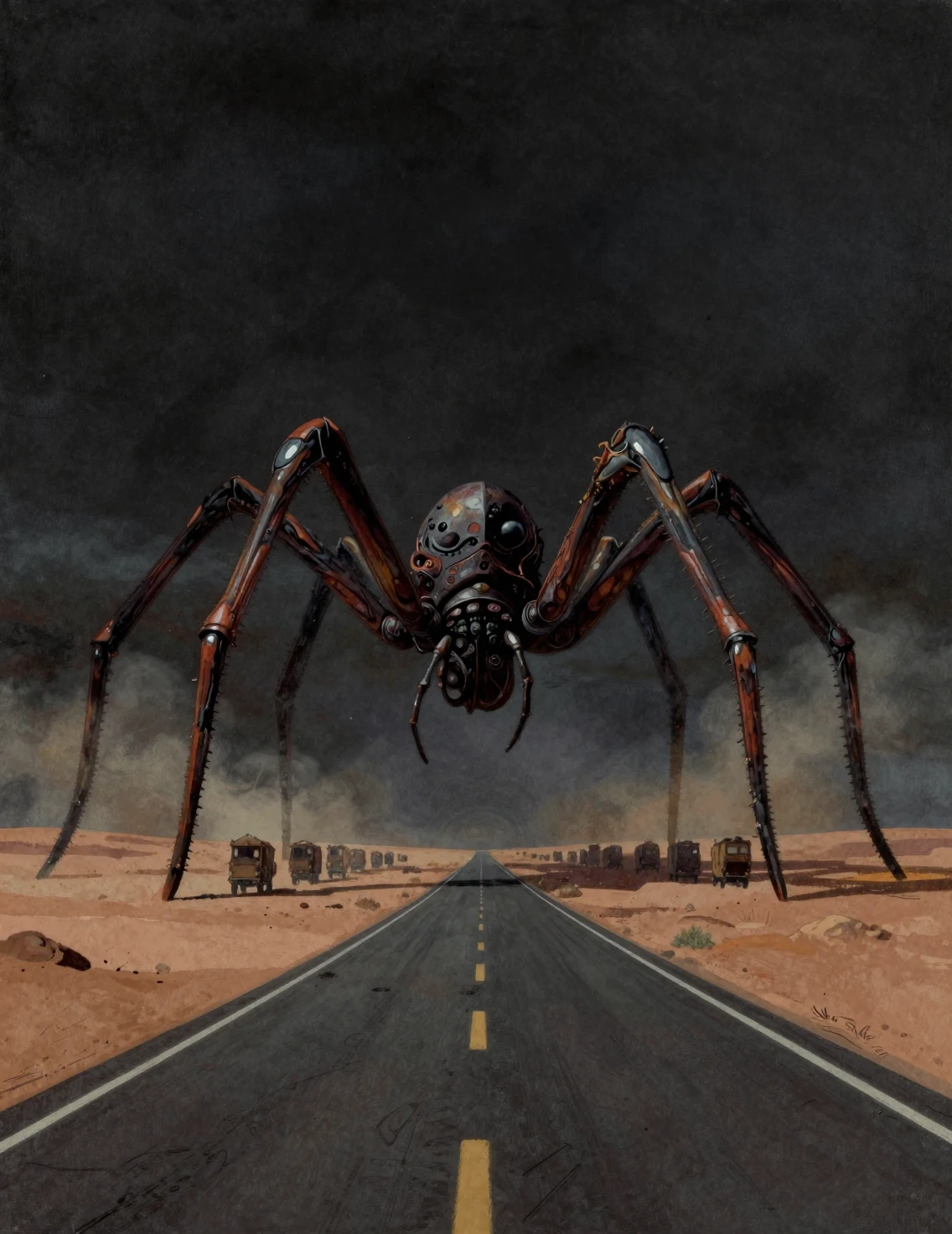 Colossal spider like monster looming over a desert road