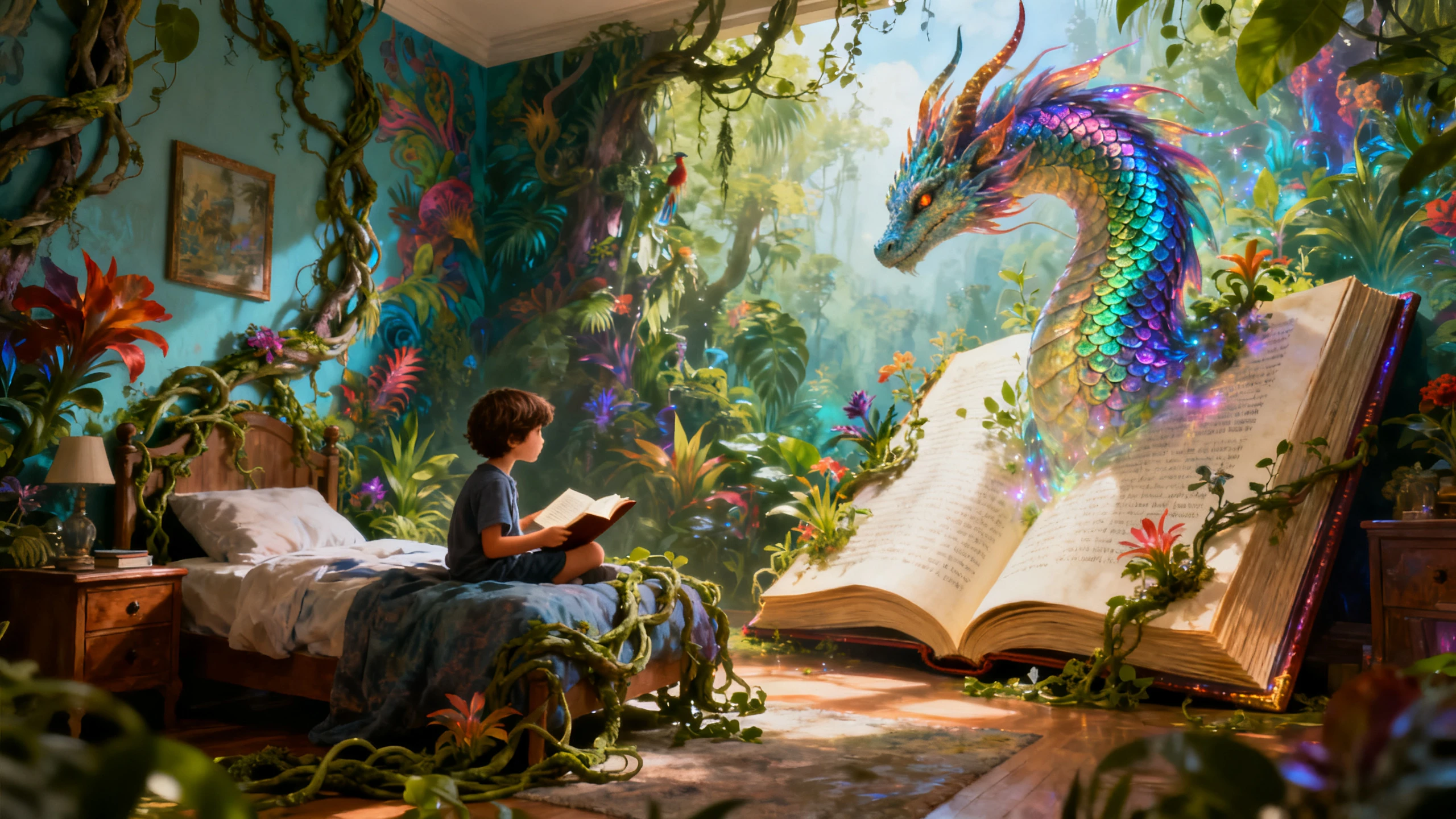 Boy reading as his bedroom transforms into a vivid jungle