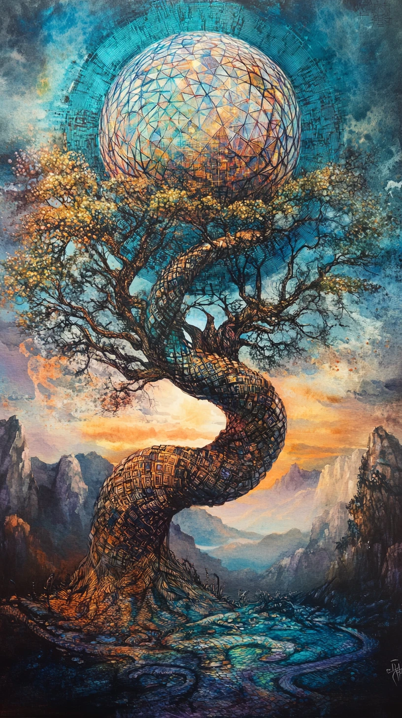 Albero digitale surreale in un paesaggio mistico codificato