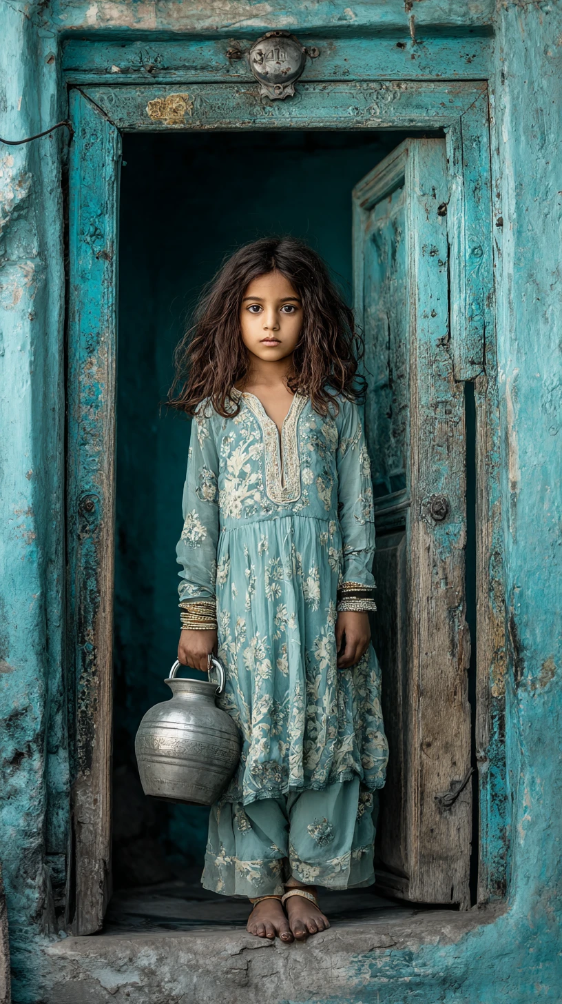 Niña con salwar kameez azul de pie en un antiguo marco de puerta