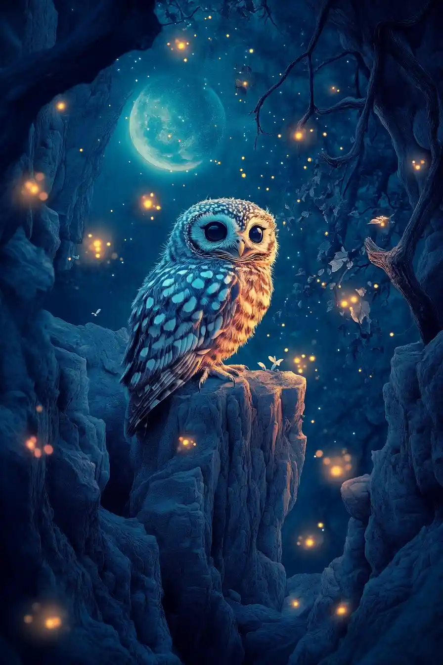 Baby owl above glowing night forest and layered cliffs