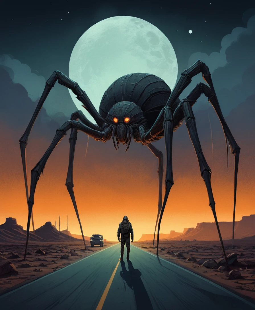 Criatura aranha colossal pairando sobre uma estrada empoeirada no deserto