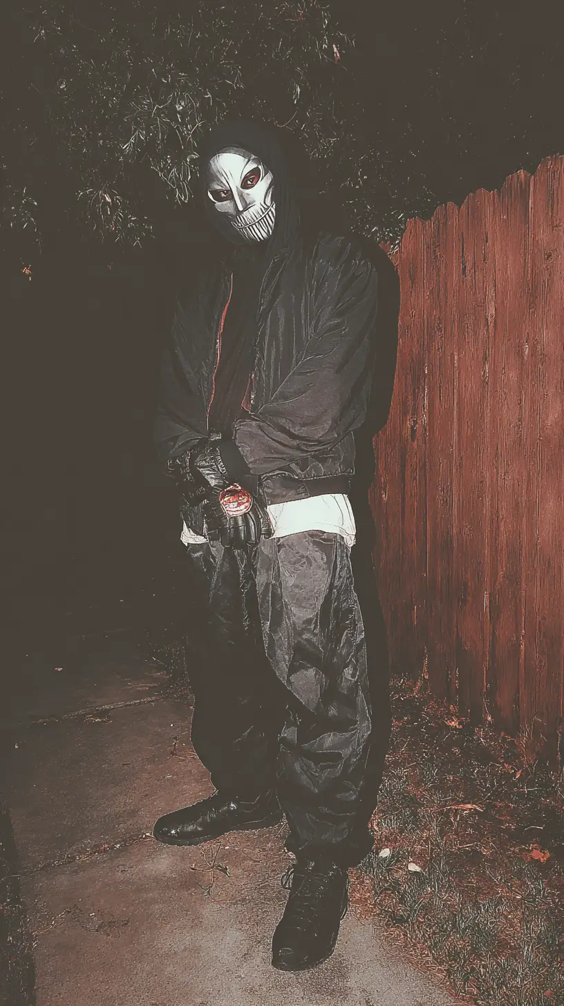 Masked figure walking alone along a dark city street