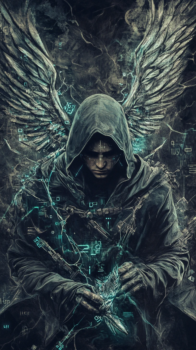 Figura angelical cyberpunk segurando pássaro digital elétrico