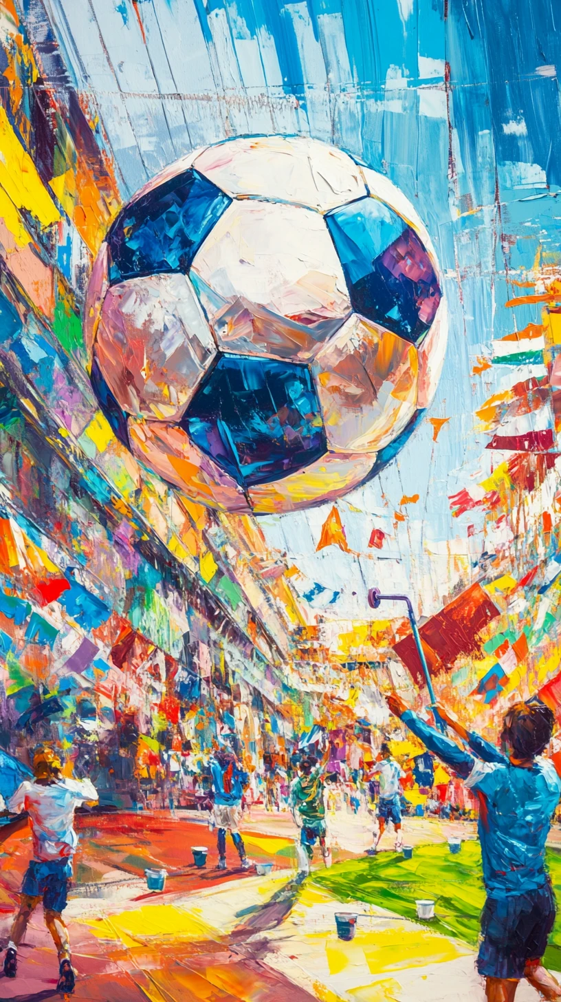 Artists painting a giant soccer ball mural on city wall