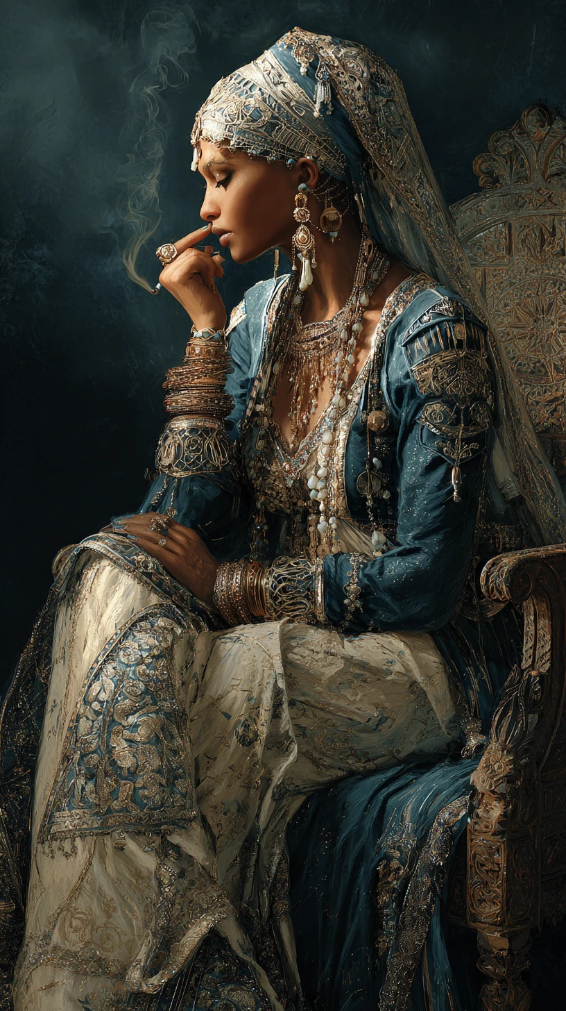 Elegante mujer árabe con vestido ceremonial ornamentado y joyas