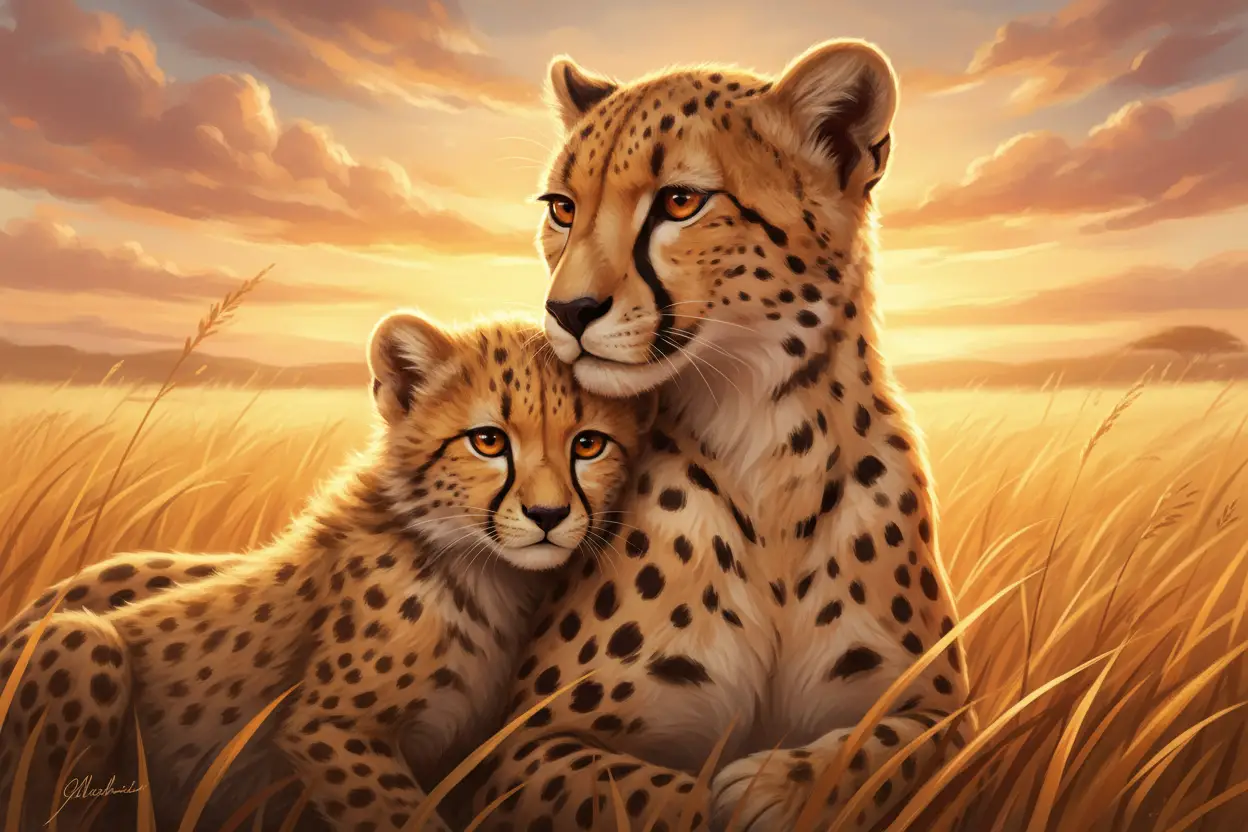 Maman guépard et son petit qui se câlinent dans la savane africaine