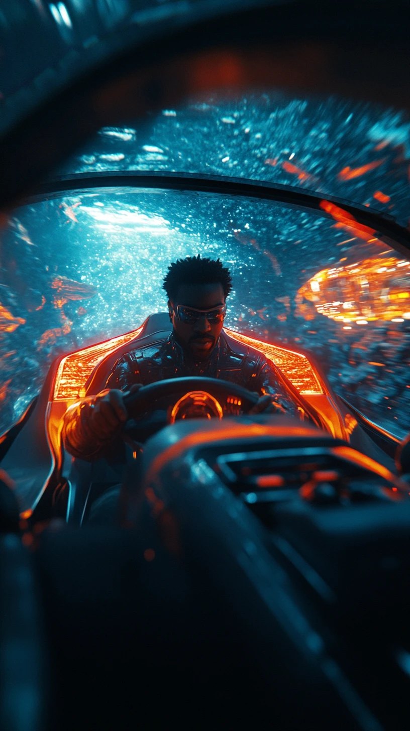 Afrofuturistic man piloting a sleek vessel in deep ocean